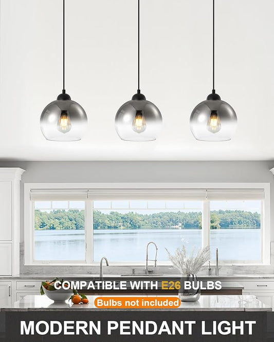 Modern Gradient Smoke Gray Glass Pendant Light,7.8-Inch Globe Adjustable Hanging Pendant Light for Bedroom Kitchen Island Dining Room Stairwell