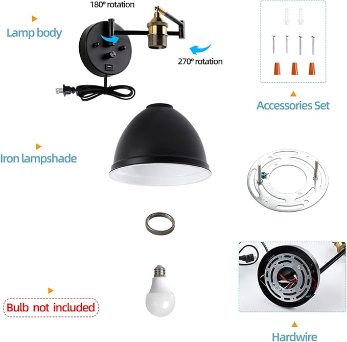 Swing Arm Wall Sconces, Plug-in Wall lamp,Bedroom Wall lamp , White Fabric Shade,,with dimmable Switch and USB Charging Port, Suitable for Bedside, Living Room, Reading (Metallic Black)