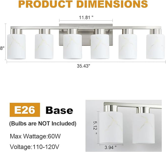 6-Light Bathroom Light Fixtures, Modern Vanity Lights, Brushed Nickel Metal Wall Lamp with White Marble Glass for Bathroom, Mirror, Living Room, Bedroom, Cabinet, Porch, Hallway, E26 Base