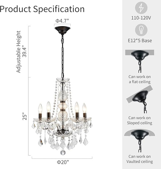WUZUPS Crystal 5-Light Candle Chandelier Pendant Flushmount Ceiling Light Modern Lighting Fixture for Bedroom Hallway Bar Kitchen Bathroom, H 25" x W 20", Black, E12 Base