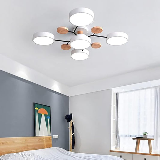 Dimmable LED Flush Mount Ceiling Light Fixture with 3000K-6000K Light Color Adjustable,40W 30Inch Chandelier Modern Wooden Ceiling Lamp for Bedroom Kitchen,5-Lights Indoor Lighting White Pendant Light