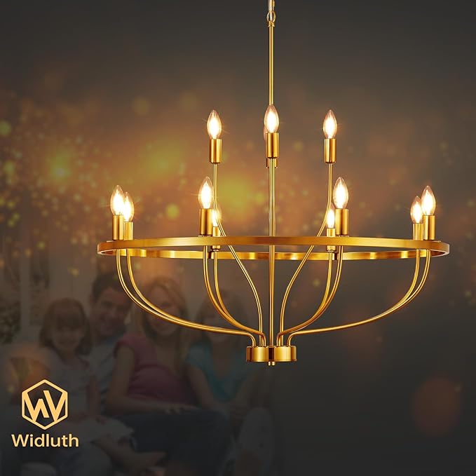 33.5" Modern Gold Chandelier Light Fixture Vintage Mid Century Modern 12-Lights Candle Style Chandeliers Retro Golden Chandelier for Dining Room, Kitchen Island, Living Room, E12