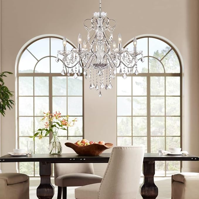 Saint Mossi 6 Light Crystal Chandelier Light Fixture Modern Chandelier Pendant Lighting, Chrome Pendant Raindrop Chandelier for Dining Room,Bedroom,Living Room,H23 x D24