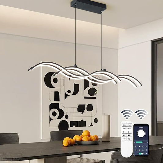 ORANOOR Modern LED Pendant Lights, Dimmable 39in Linear Wave LED Chandelier Lighting, Black Dining Room Hanging Light Fixtures Kitchen Island Linear Pendant Light for Dining Table (4200lm,Upgraded)