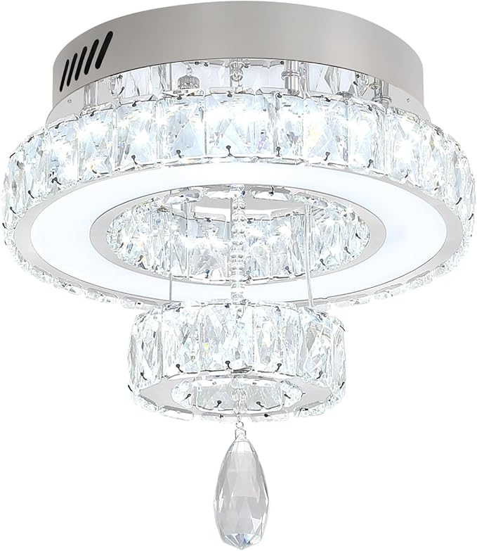 Flashing God 12" Modern Crystal Chandeliers Flush Mount Ceiling Light Silver Chandelier for Hallway LED Dimmable Mini Chandelier for Dining Room Living Room Bedroom