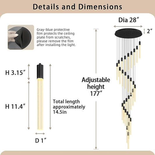 D28inxH177in Long Crystal Column Chandelier Large Black Staircase Chandelier for High Ceiling 30-Light Dimmable LED Pendant Lighting Foyer Entryway Light Source is Replaceable