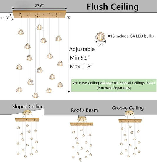 HAIXIANG W27.6 x D11.8 x H118 Rectangular Glam Chandelier Bubble Crystal Ceiling Pendant Lights Dimmable High Ceiling Chandeliers Fixtures Adjustable Long Lights Antique Gold