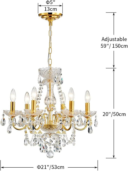 AGV LIGHTING Crystal Chandeliers Light Fixture, Mid-Century Style, Perfect for Living Space, 6-Light Sockets, D21 x H20, Adjustable Chains 59", Shinny Gold Frame