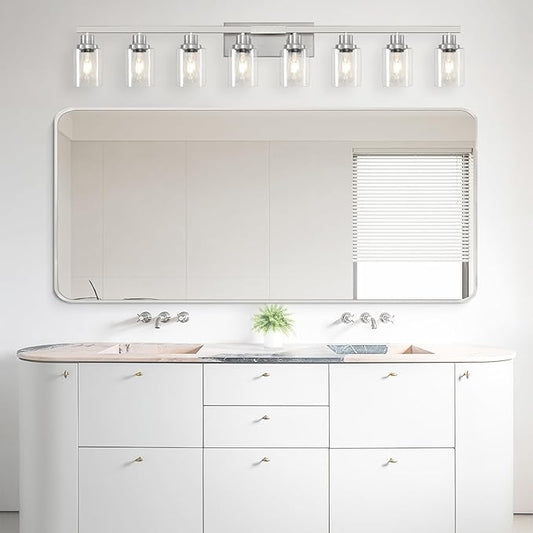 52inch Brushed Nickel Vanity Light Fixtures, 8 Light Brushed Nickel Bathroom Vanity Lights Over Mirror, Matte Nickel Modern Bathroom Wall Lighting for Mirror Bedroom,Living Room