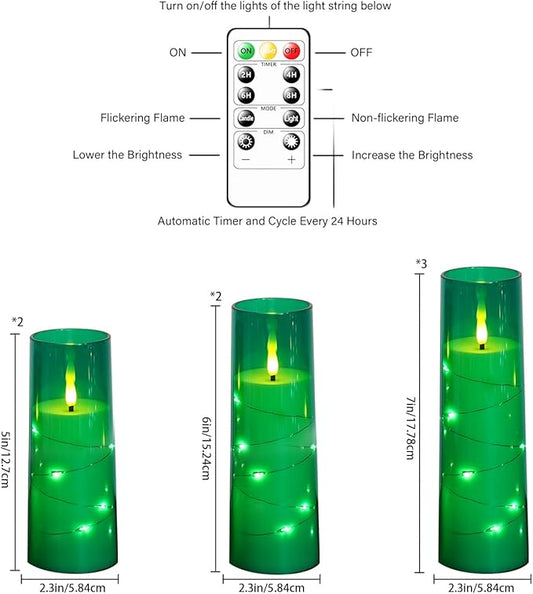 Flameless Candles,with Embedded Star String, Battery Operated Candles Flickering LED Pillar Candles with Remote Control and Timer, Home Decoration Add a Warm and Romantic Atmosphere,Set of 7 (Green)