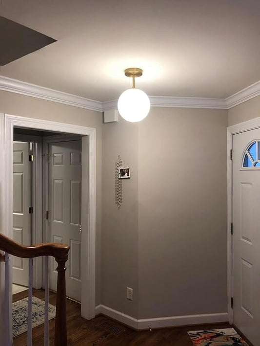 Globe Semi Flush Mount Ceiling Light Fixture Globe Ceiling Light Milk Glass Matte Gold Finish Contemporary Mid Century Modern Lighting for Hallway Living Room Kitchen Bedroom Storage(Bulb Included)