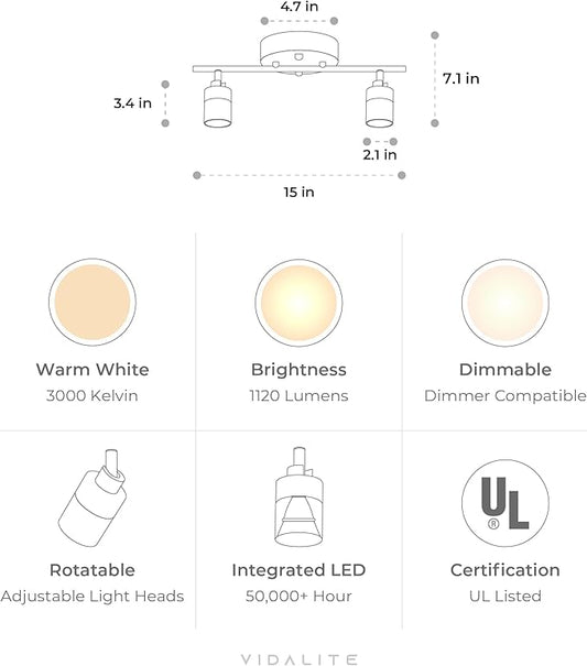 Shura Black 2-Light Track Light w/Adjustable Heads, Integrated LED, 15 in. Track Lighting Kit Ceiling Light, 3000k, 1120 Lumens