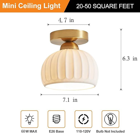 Semi Flush Mount Ceiling Light Fixtures,Small Gold Ceramic Hallway Close to Ceiling Light Farmhouse Light, Small Ceiling Light for Bedroom,Dining Room,Entryway Porch Foyer with E26 Base