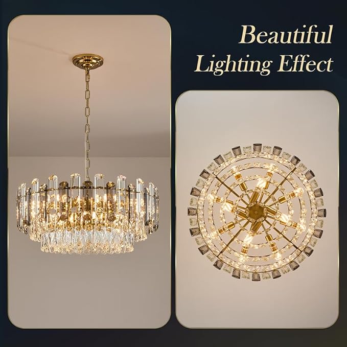 Gold Crystal Chandelier 23.6" Modern Crystal Pendant Light 3-Tier12-Light Ceiling Pendant Light Fixture for Dinning Room Living Room Foyer