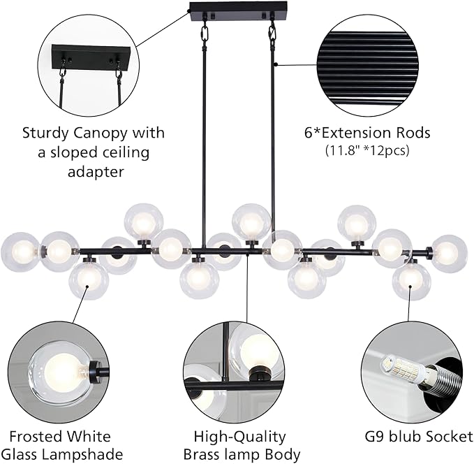 Chandeliers for Dining Room, Modern Globe Chandelier with 16 Double Glass Lampshades, Large Linear Sputnik Chandelier for Dining Room Kitchen Island - Black