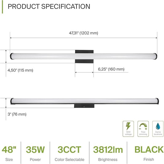 ASD 48" LED Linear Vanity Light Fixture, Modern Bathroom Sconce — 3 Color 3000K-5000K, Dimmable, 35W 3800LM, Energy Star & ETL Listed — Over Mirror Makeup Slim Bar for Bedroom, Cabinets — Black