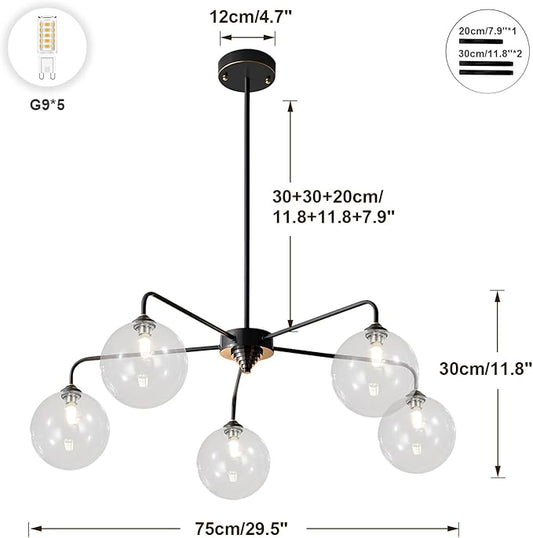 Mid Century Modern Sputnik Chandelier 5 Light Black Chandelier Clear Glass Globe Sputnik Chandelier for Dining Room Bedroom Kitchen