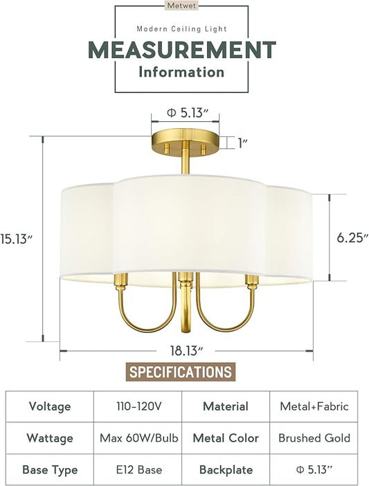 Gold Semi Flush Mount Ceiling Light, 18" 4-Light Light Fixtures Ceiling Mount with Fabric Shade in Quatrefoil for Kitchen Nursery Entryway Hallway Bedroom, SM179-BG-L