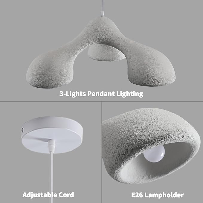 JAYMP 3-Lights Pendant Light Fixture for Dining Room Kitchen Island Restaurant Farmhouse E26 Base Modern Hanging Lamp 1 Pack (Matte White,E Shape, 72cm/28.3in)