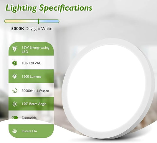 LED Flush Mount Ceiling Light Fixture, 100W Equivalent Modern Kitchen Recessed Ceiling Lamp 5000K Daylight White 15W 1200Lm 7 Inch Closet Round Surface Mount for Laundry Bedroom Hallway(Pack of 4)