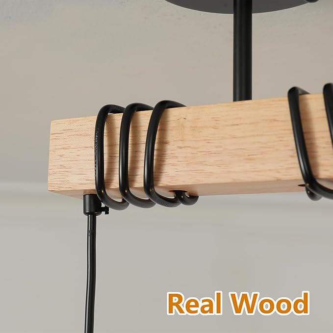 2 Light Farmhouse Ceiling Light,Pendant Light Kitchen Island,Dining Room Chandelier Light Fixture Over Table,Rustic Hanging Light for Kithen,Dining Room,Real Wood,Black Metal Cage