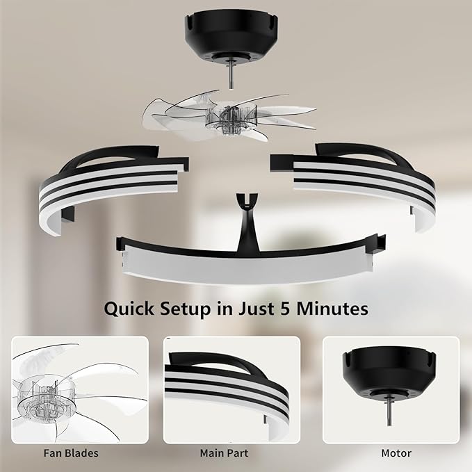 Ceiling Fans with Lights and Remote, 19.7" Black Low Profile Ceiling Fan, Modern Flush Mount LED Fan Light, 6 Wind Speeds Fandelier Ceiling Fan with Light for Bedroom, 3000-6500K Dimmable