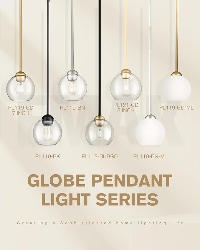 Emak 2 Pack Black and Gold Pendant Light Fixtures, Modern 7 Inch Globe Pendant Lights Kitchen Island with Clear Glass Shade, 1 Light Hanging Lights for Kitchen, Bedroom, Bathroom, PL119-BKBGD-2PK