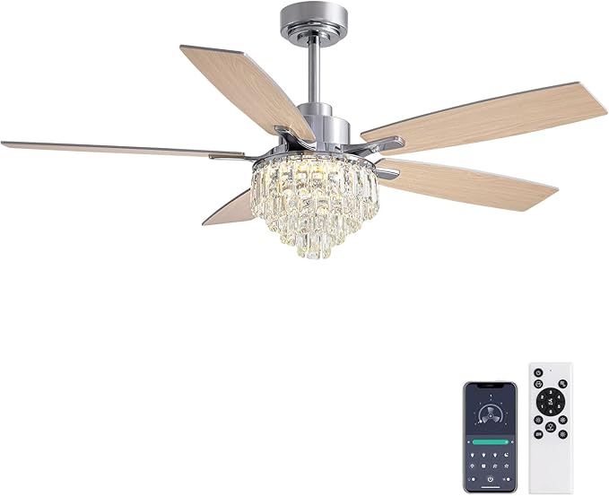 LUDOMIDE Chandelier Ceiling Fan, 52 Inch Crystal Ceiling Fan with Light, 3CCT, 6-Speed, 5-Blade Noiseless Reversible DC Motor, Remote Control, Modern Indoor Fandelier for Living Room