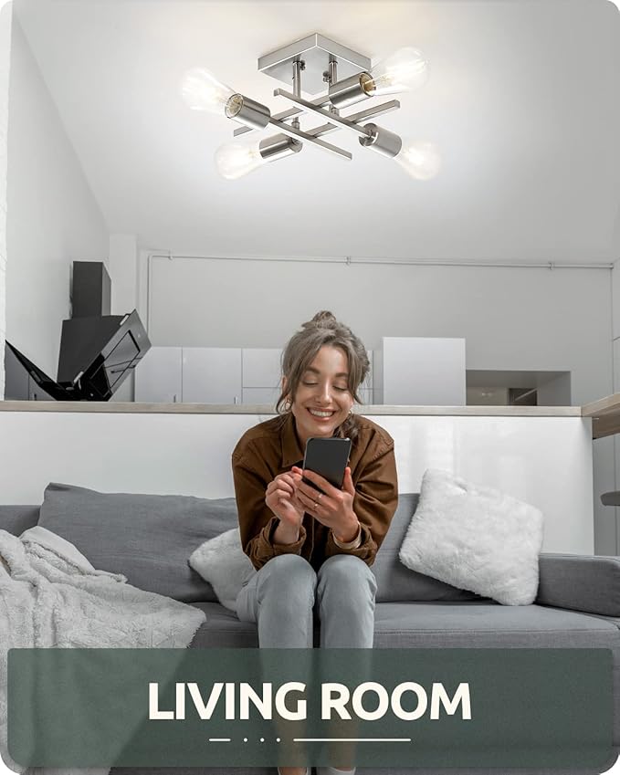 Industrial 4-Light Semi Flush Mount Ceiling Light Fixture, Modern Brushed Nickel Chandelier Lighting, Farmhouse E26 Base Sputnik Ceiling Lamp for Kitchen Bedroom Living Room Hallway