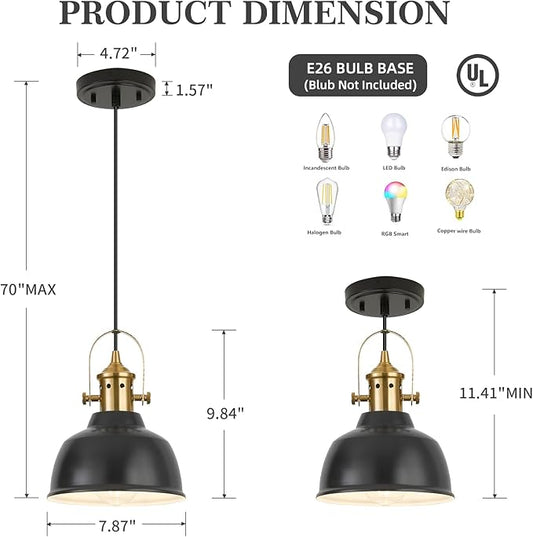 Farmhouse Small Pendant Lights, Black Pendant Lighting for Kitchen Island, lndustrial Adjustable Height Hanging Light for Barn, Dining Room, 2 Pack