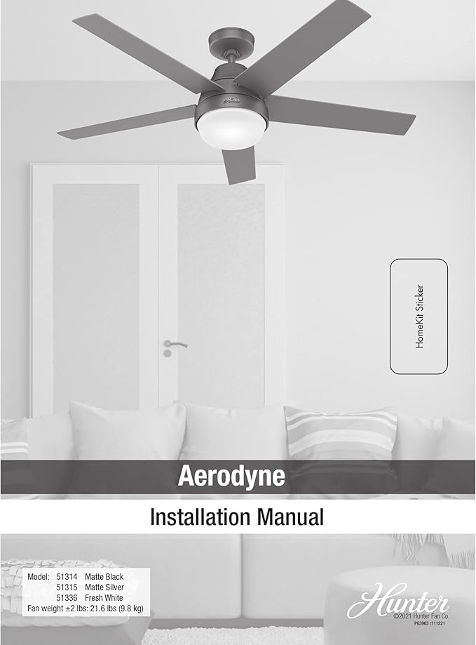 Hunter 52 inch Indoor Ceiling Fan with LED Light and Remote Control - Black Modern Smart Ceiling Fan, Standard Mount, 5 Blades, For Bedroom, Living Room, or Kitchen, Quiet- Aerodyne 51314, Matte Black
