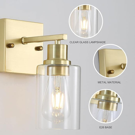 Living Room Wall Light fixtures 2 Pack, Brushed Gold Vanity Lights with Glass Shade, Farmhouse Modern Wall sconces for Gallery ,Mirror,Bedroom,Bathroom