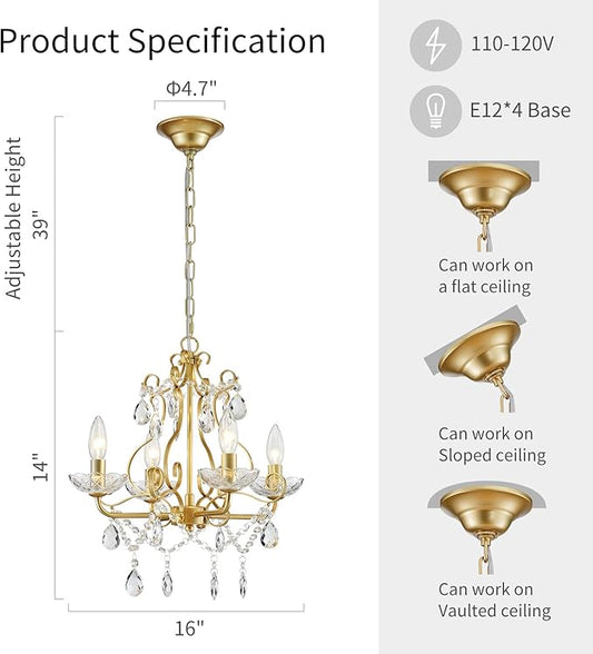 WUZUPS Crystal Candle Chandelier Pendant Flushmount Ceiling Light Modern Lighting Fixture for Bedroom Hallway Bar Kitchen Bathroom, H 14" x W 16", Gold, E12 Base