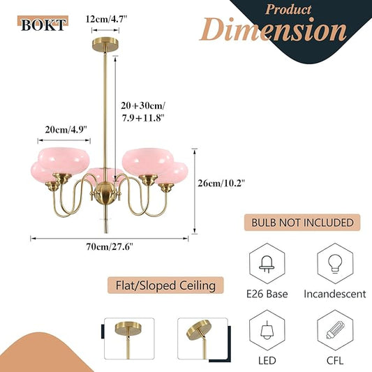 BOKT Pink Sputnik Chandelier Gold 5-Lights Semi Flush Mount Ceiling Light Pink Globe Chandelier Pendant Lighting Vintage Large Pendant Light Farmhouse Industrial Hanging Ceiling Light