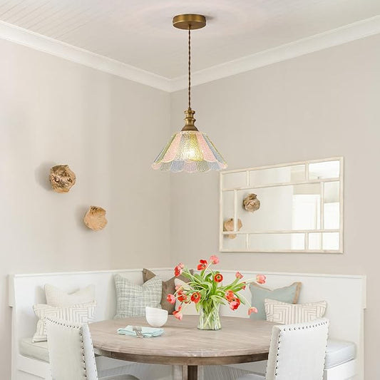 10.62-inch Hanging Light Fixture for Kitchen, Single-Light Island Pendant with Painted Glass Shade and Brass Finish, E26 Socket, Kitchen Island Pendant Light (Bulb not Included)