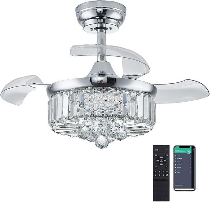 DuMaiWay 30" Chandelier Ceiling Fan with Light Crystal Modern Fandelier Reversible Ceiling Fan Dimmable Retractable Timer for Bedroom Dining Living Room Silver Chrome