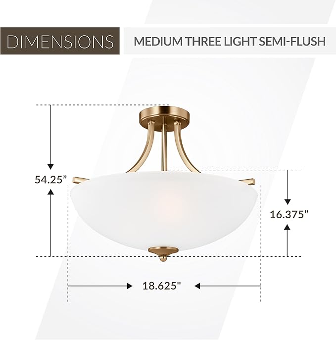 Generation Lighting 3-Light Geary Transitional Semi-Flush Mount Ceiling Lamp Satin Brass 7716503-848, Ceiling Light Fixture for Home Decor, Ceiling Mount Light for Bedroom, Kitchen, Living Room Decor