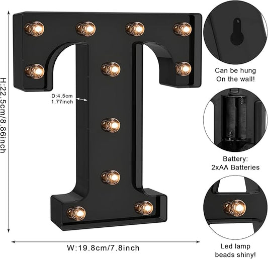 Foaky Black LED Letter Lights for Room Decor - Bedroom Wall Decor, Alphabet Lights for Home, Wedding, Party - Battery Operated (T)