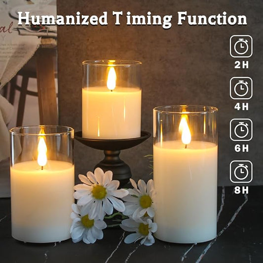 Rechargeable Flameless Glass Pillar Candles–Gifts for Women,–Set of 5, Realistic Flickering LED Light,Remote & Timer, Ideal for Living Room, Bedroom & Festival Wedding Party Décor