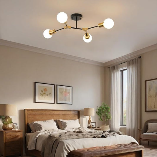 Modern Semi Flush Mount Ceiling Light,Mid Century 4 Light Lighting Fixture for Dining Room Bedroom Kitchen Foyer Entryway Hallway Laundry,Metal Gold and Black Sputnik Chandelier