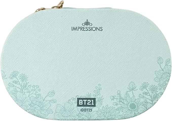 Impressions Vanity BT21 Travel Jewelry Organizer with Faux Saffiano Leather, 3 Divided Compartments, Organizer box with BT21 Natural Garden Design, 8 Ring Holder, Inner Slip Pocket Vanity Organizer