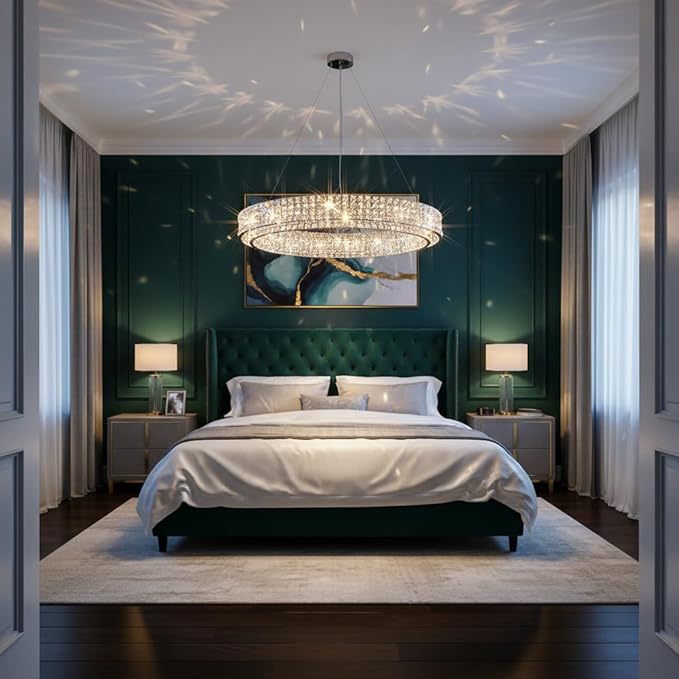 Modern Crystal Chandelier Round 20-Light Contemporary Hanging Ceiling Light Fixture Chrome Finish with Clear Rectangular Crystals Dining Room Living Room Bedroom Entryway Lighting Easy Install 39''
