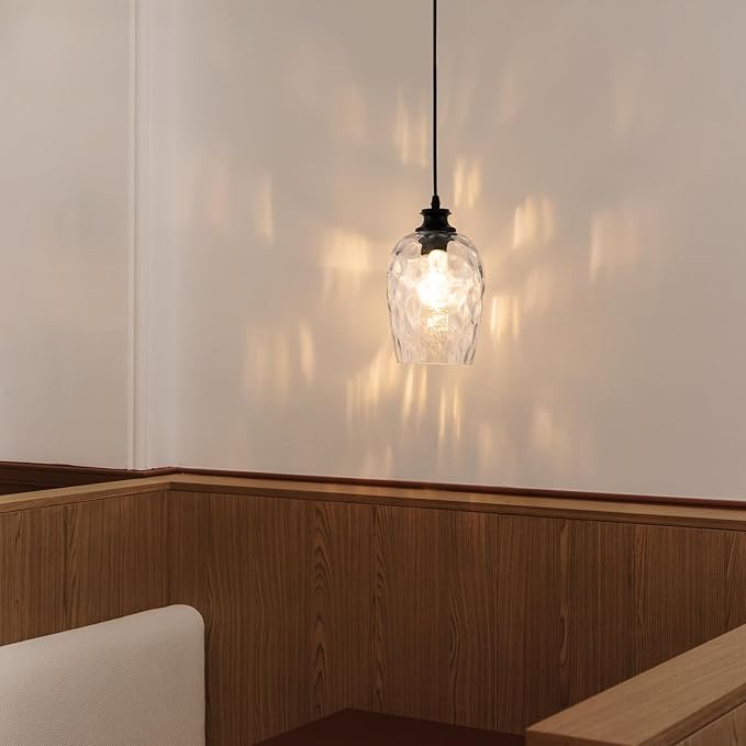 Modern Plug in Pendant Light with Dimmable Switch E26 Clear Rippled Glass Shade Hanging Lights with 16.4 Ft CordPlug in Hanging Lamp for Kitchen Island Bedroom Living Room (Bulb not Included)