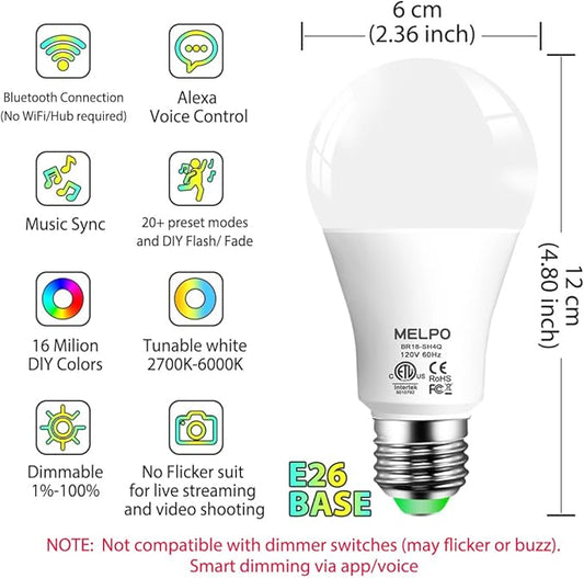 MELPO Smart RGB Light Bulbs Work with Alexa, 12W(130W Equivalent), 2700K-6000K,A19 E26 Bluetooth Color Changing Light Bulb, 16 Million Colors-DIY Flash/Fade - Timing-DIY Scenes- Music Sync (8 Pack)