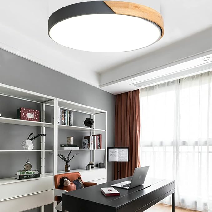 LED Ceiling Light Fixture,16 Inch Modern Wood Recessed Ceiling Lights, Dimmable Light,Grey 24W Close to Ceiling Lighting Flush Mount Living Room Bedroom,3000K-6000K