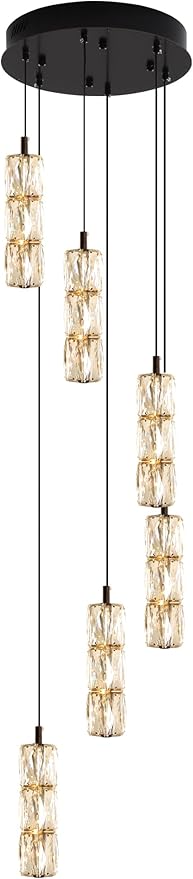ykolupty Modern Pendant Light for Stairwell LED Dimmable Black Pendant Chandelier Crystal Pendant Light for Kitchen Island Stairwell Foyer Dining Room