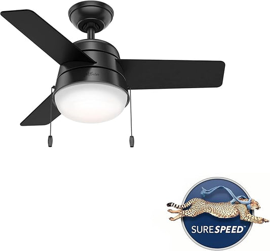 Hunter 36 inch Small Indoor Ceiling Fan with LED Light and Pull Chain - Modern Ceiling Fan, Standard Mount, 3 Blades, For Bedroom, Home Office, or Laundry Room, Quiet - Aker 59302, Matte Black