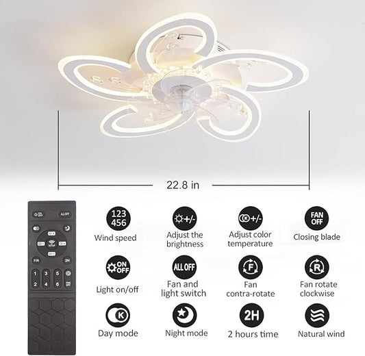 22.8'' Ceiling Fan with Lights Remote Control, Modern Dimmable Ceiling Fans, Petal Chandelier Ceiling Fans with 6 Speeds and Remote Control for Bedroom, Kitchen, Indoor