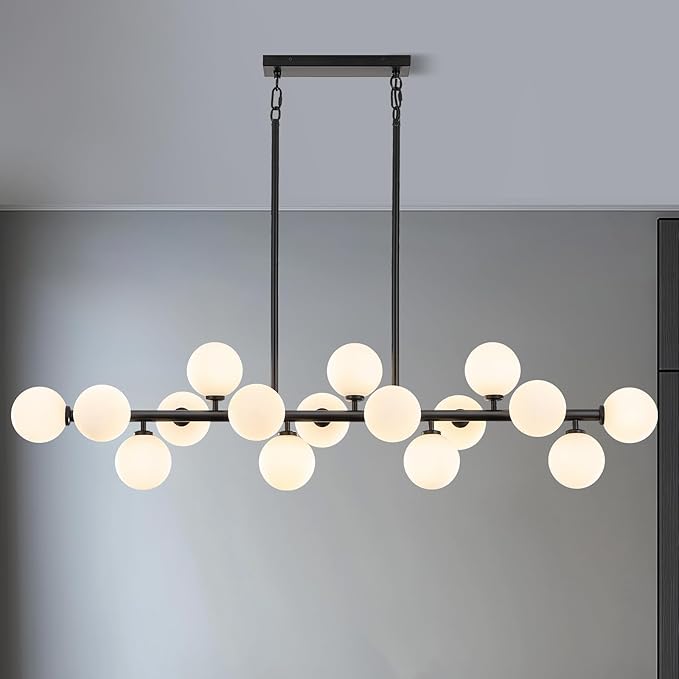 56 Inch Black Linear Chandeliers for Dining Room, Kitchen Island, Living Room, 16-Light Mid Century Modern Light Fixture Over Table, Large Milk White Glass Globe Sputnik Bubble Chandelier