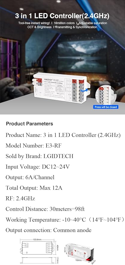 LGIDTECH E3-RF Miboxer 3 in 1 LED Strip Light Controller Tool-Free Wiring,Used for RGB & & RGBW & RGB+CCT LED Strip Light DC 12-24V,Smartphone APP & Voice Control via Gateway(Excluded)